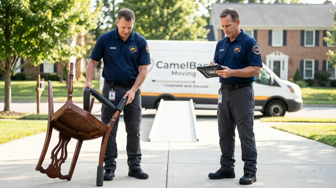 Movers inspecting furniture for damage prevention before loading in Lowell, OR